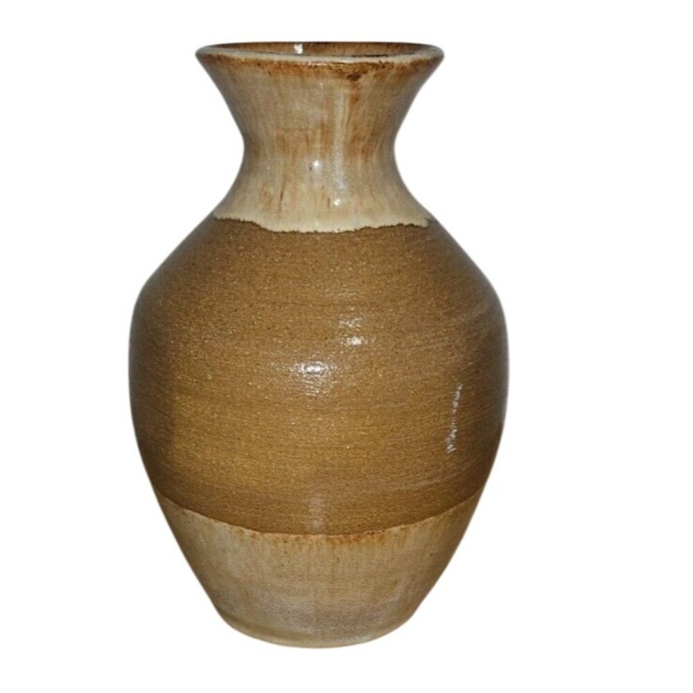 Vintage Vase Handspun Drip Glaze Ceramic 8" tall 4" Wide Brown Cream Mid Centry